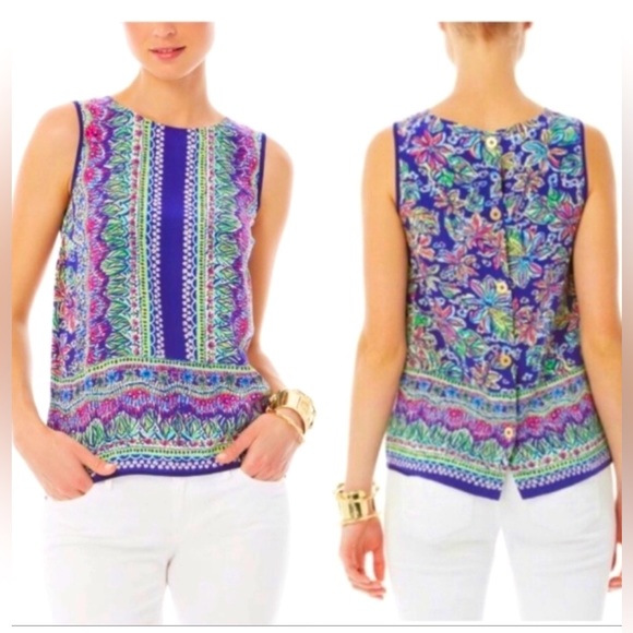 Lilly Pulitzer Bright Navy Not too Catty Iona Silk Top - Picture 1 of 4